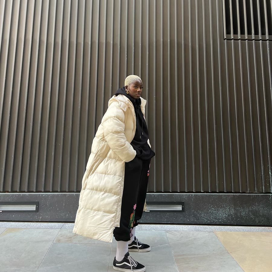 Cream puffer coat, full-length street shot